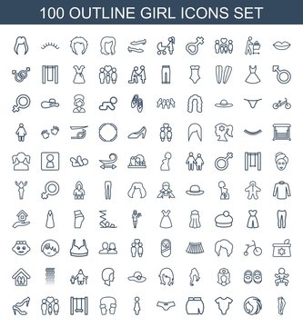 girl icons. Set of 100 outline girl icons included tights, woman hairstyle, baby onesie, skirt, female underwear on white background. Editable girl icons for web, mobile and infographics.