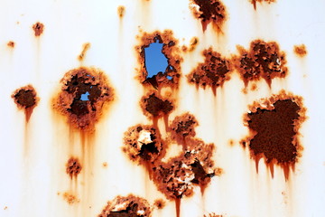 White metal plate with rusted spots, cracked paint and large holes with visible blue sky in...
