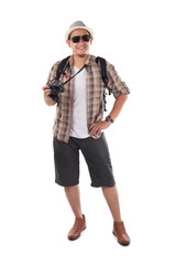 Traveling People Isolated on White. Male Backpacker Tourist, Smiling Happy Gesture