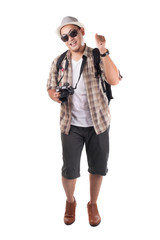 Traveling People Isolated on White. Male Backpacker Tourist Calling Gesture