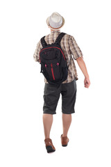 Traveling People Isolated on White. Male Backpacker Tourist Walking Forward, Rear View