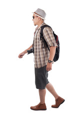 Traveling People Isolated on White. Male Backpacker Tourist Walking Side View