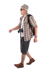 Traveling People Isolated on White. Male Backpacker Tourist Walking Side View