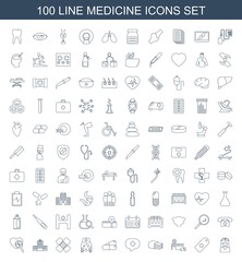 medicine icons. Set of 100 line medicine icons included nurse, medical cross tag, hospital, bandage, medical cross on white background. Editable medicine icons for web, mobile and infographics.