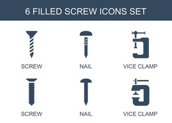 screw icons. Set of 6 filled screw icons included nail, vice clamp on white background. Editable screw icons for web, mobile and infographics.