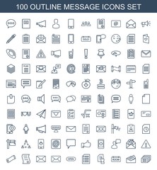 message icons. Set of 100 outline message icons included letter, room tag, pointing on document, paper, open on white background. Editable message icons for web, mobile and infographics.