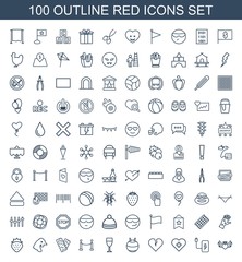 red icons. Set of 100 outline red icons included heart angel wings, battery, heart with cross, broken heart, fit ball on white background. Editable red icons for web, mobile and infographics.