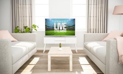 smart television sports streaming on scandinavian minimal interior
