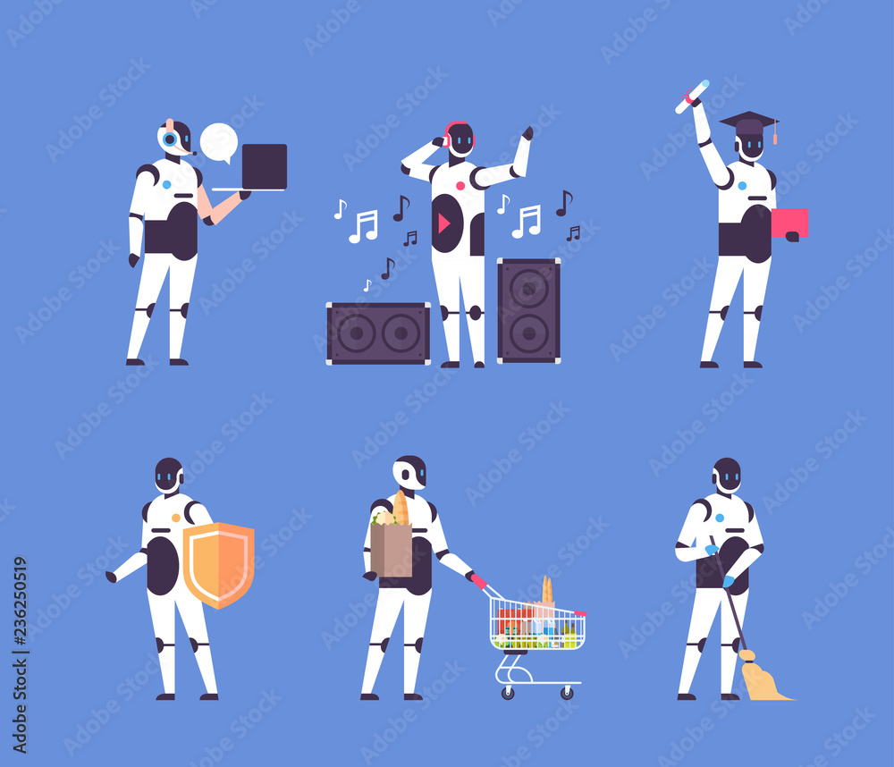 Poster set bot helper robot personal assistant diversity professions communication collection robot charact