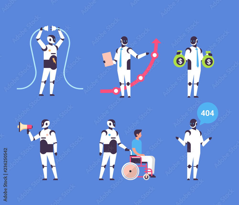 Poster set bot helper robot personal assistant diversity professions communication collection robot charact