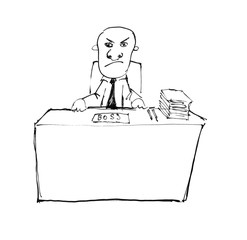 Black pen and ink artistic rough hand drawing of businessman, boss or manager sitting in office behind desk or table.