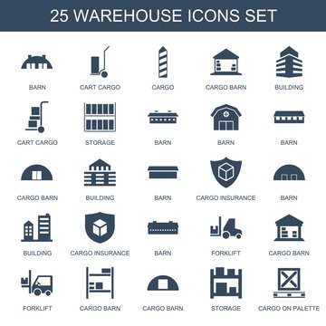 warehouse icons. Set of 25 filled warehouse icons included barn, cart cargo, cargo, cargo barn, building on white background. Editable warehouse icons for web, mobile and infographics.