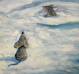 Oil paintings landscape. Mouse, winter, texture. Fine art.