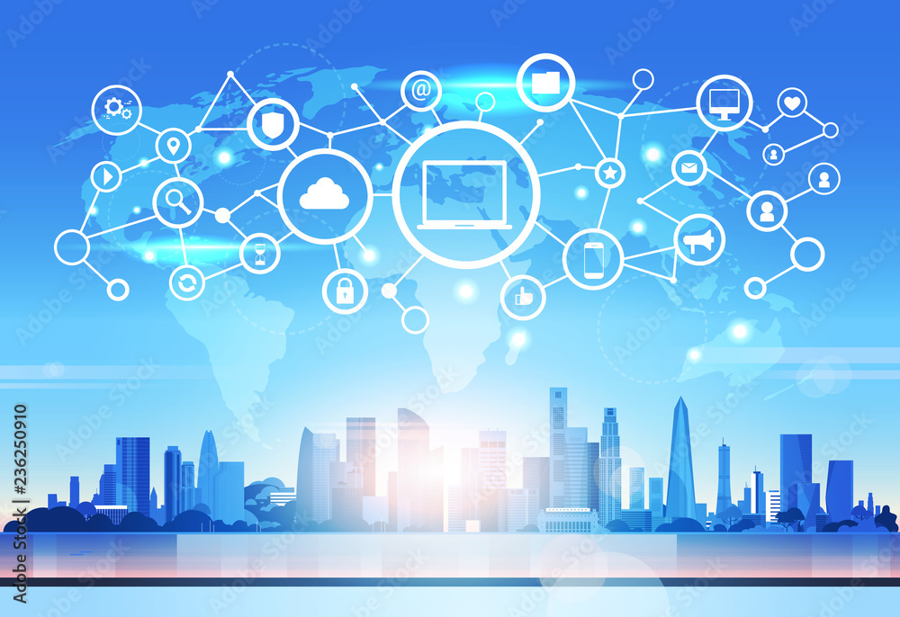 Poster world map laptop icon database cloud security network futuristic interface data privacy connection c