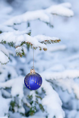 Christmas sphere on a snow-covered fir-tree