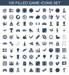 game icons. Set of 100 filled game icons included beanbag, dart, domino, dice, Dice, billiards, volleyball player on white background. Editable game icons for web, mobile and infographics.