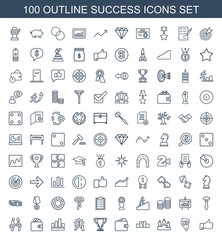 success icons. Set of 100 outline success icons included thumb up, Vegas, ranking, wallet, trophy, number medal on white background. Editable success icons for web, mobile and infographics.