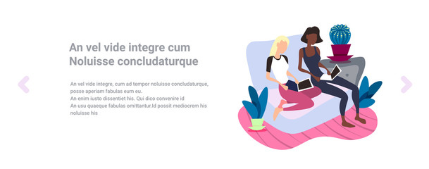 mix race woman using laptop living room domestic plants sofa interior relax concept flat horizontal banner copy space