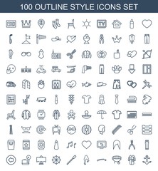 style icons. Set of 100 outline style icons included anchor, dress, bbq, razor, woman hairstyle, nailfile, umbrella on white background. Editable style icons for web, mobile and infographics.