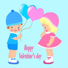 Valentines day for invitation or greeting card, cute kids, boy and girl. balloons, vector