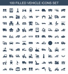 vehicle icons. Set of 100 filled vehicle icons included concrete mixer, tractor, baby seat in car, hand with key on white background. Editable vehicle icons for web, mobile and infographics.