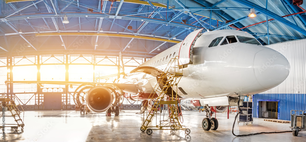 Wall mural Maintenance and repair of aircraft in the aviation hangar of the airport, view of a wide panorama.