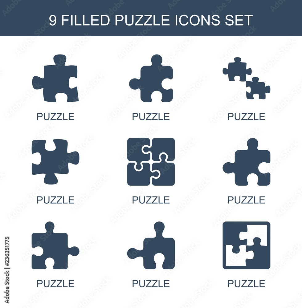 Poster puzzle icons. set of 9 filled puzzle icons on white background. editable puzzle icons for web, mobil