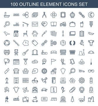 element icons. Set of 100 outline element icons included vacuum cleaner, underwater mask, christmas tree on white background. Editable element icons for web, mobile and infographics.