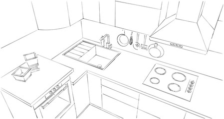 L-shape kitchen counter close-up. Sketch drawing. Top view.