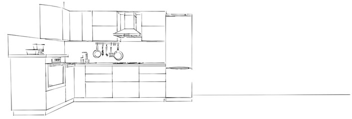 Abstract sketch drawing of modern kitchen interior on white long background. Front view. Web design template.
