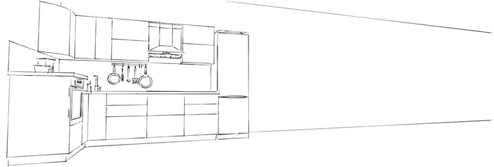 Outline 3d drawing of contemporary L-shape kitchen interior set on white long background. Web design template.