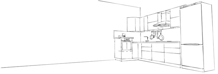 Outline 3d illustration of L-shape kitchen interior on white long background. Web design template.