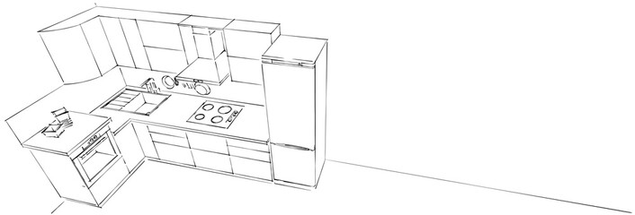 Contour sketch drawing of modern L-shape kitchen set on white long background. Top view. Web design template.