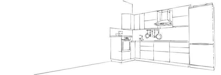 Layout illustration of contemporary L-shape corner kitchen interior on white long background. Web design template.