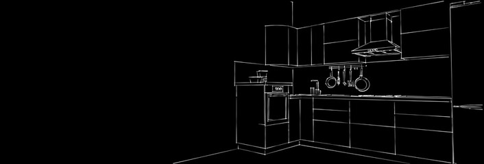 Geometry pencil drawing of modern L-shape corner kitchen interior on black long background. Web design template.
