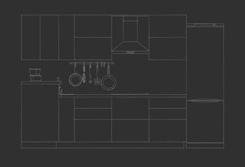Modern kitchen facade. Outline sketch drawing on a black background. Front view.