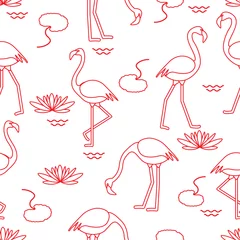 Badkamer foto achterwand Flamingo Naadloos patroon met flamingo en waterlelie.