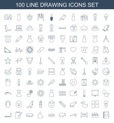 drawing icons. Set of 100 line drawing icons included notebook with heart, hair, fence, push up, hippopotamus on white background. Editable drawing icons for web, mobile and infographics.