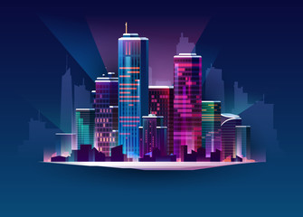 Night cityscape in neon light. Vector illustration,