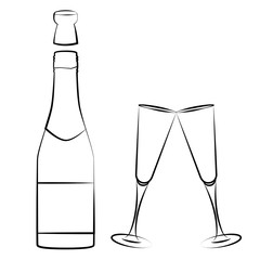 champagne bottle and glasses outline drawing isolated on white background vector illustration EPS10