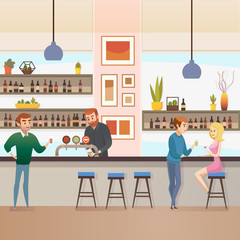 Restaurant Bar or Pub with Visitors Flat Vector