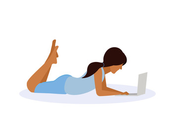 brown hair woman using laptop lying pose isolated faceless profile silhouette female cartoon character full length flat