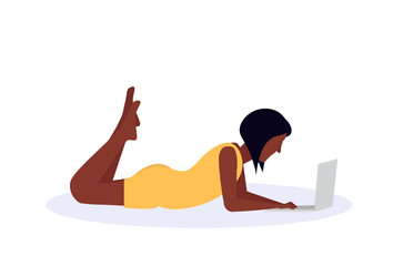 Obraz premium african american woman using laptop lying pose isolated faceless profile silhouette female cartoon character full length flat