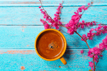 Hot coffee yellow cup vintage color.