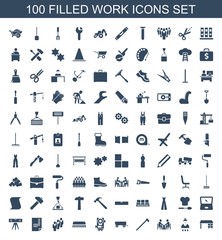 work icons. Set of 100 filled work icons included office desk, Casino girl, meeting, garden hammer, barrow, level equipment on white background. Editable work icons for web, mobile and infographics.