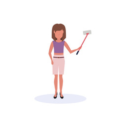 brown hair woman doing selfie self stick standing pose isolated faceless silhouette female cartoon character full length flat