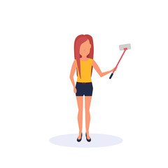 redhead woman doing selfie self stick standing pose isolated faceless silhouette female cartoon character full length flat