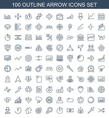 arrow icons. Set of 100 outline arrow icons included shuffle, money up, money dollar, stopwatch, female, target on white background. Editable arrow icons for web, mobile and infographics.