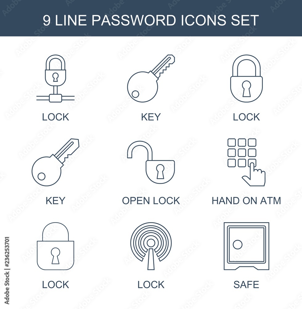 Poster password icons. set of 9 line password icons included lock, key, open lock, hand on atm, safe on whi