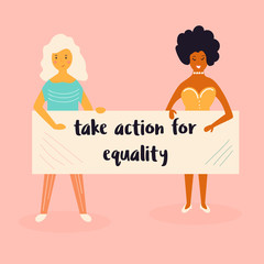 Vector illustration of two women holding a banner